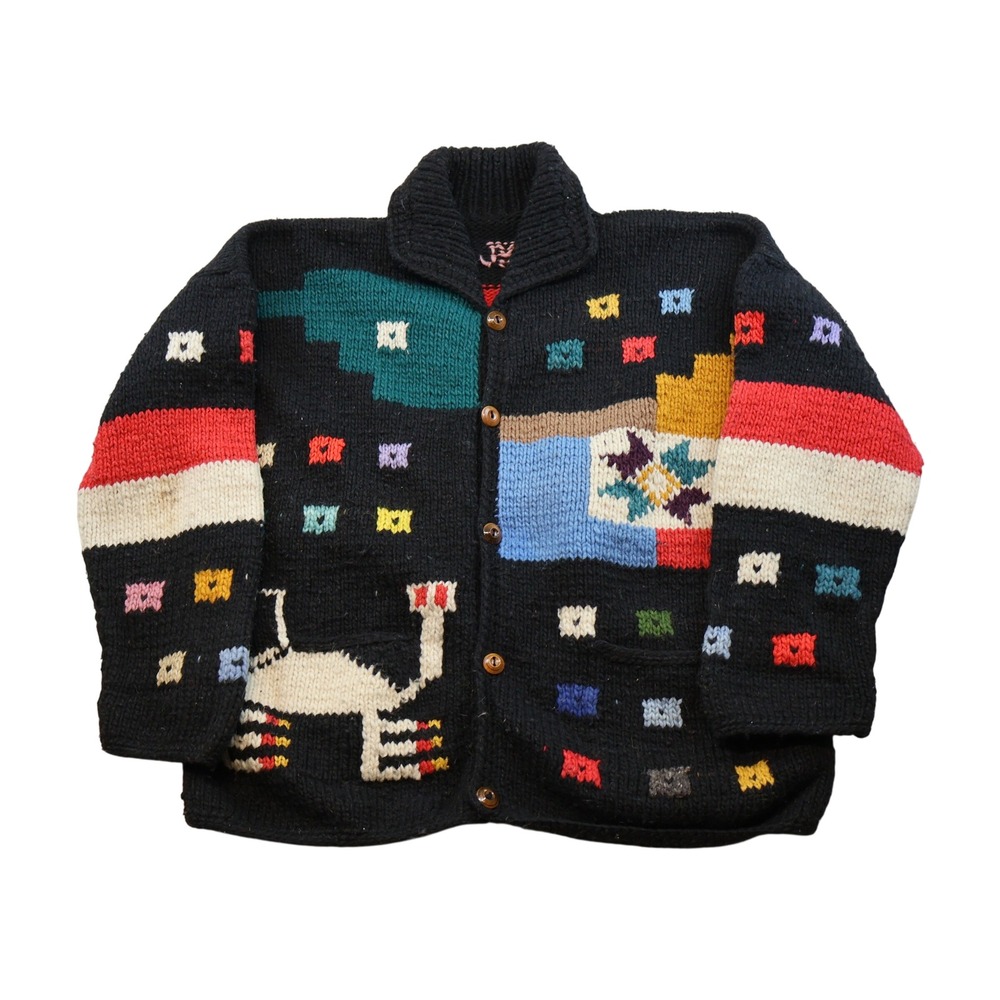 Unbranded Women L Cardigan Black Multi Color Intarsia Llama Geometric Knit